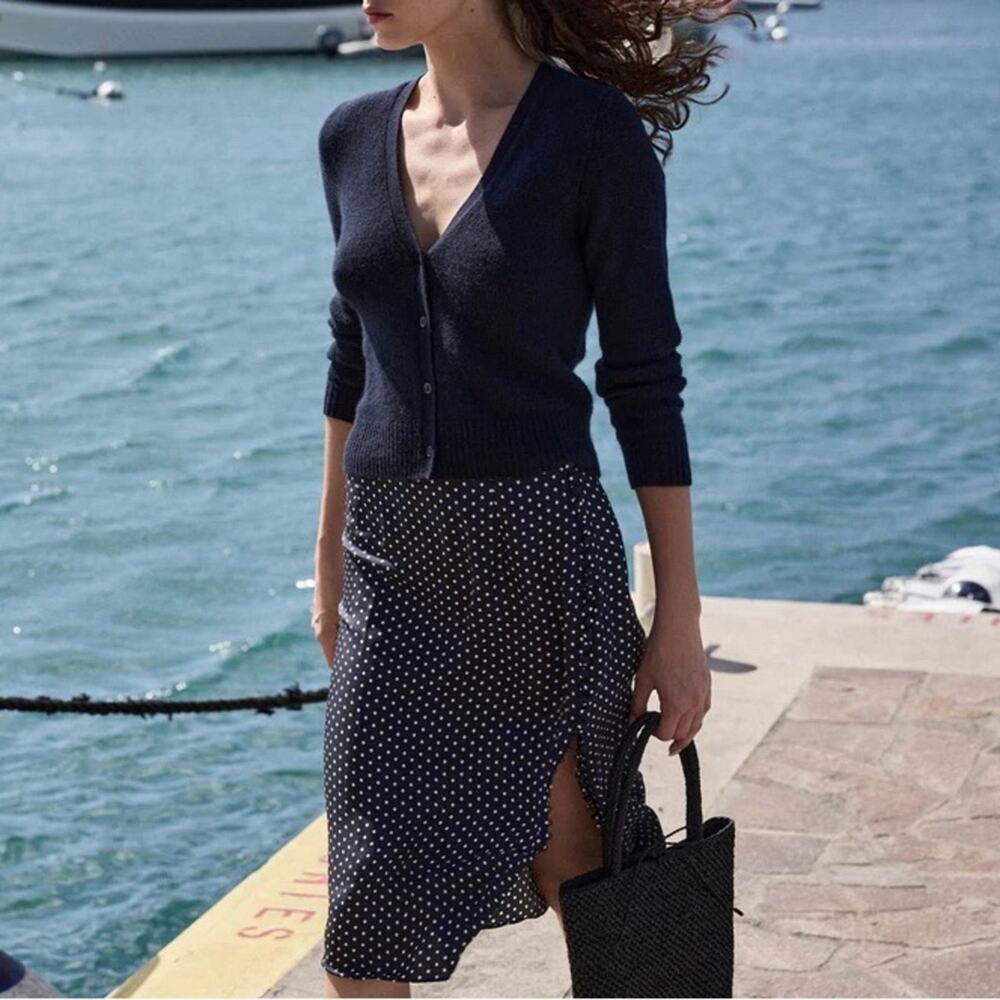 Doen Laurie Silk Polka Dot Button Pencil Straight Slip Skirt Blue Hepburn Dot